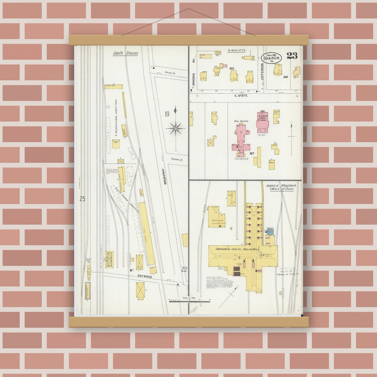 Old map wall art mockup — magnetic wood frame on brick wall — Sanborn Fire Insurance Map from Sharon, Mercer County, Pennsylvania (1903), Sheet #0023