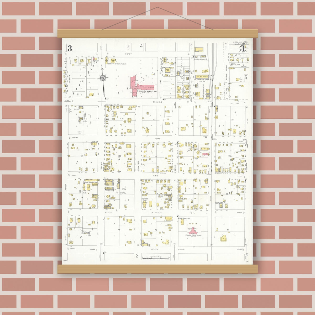 Old map wall art mockup — magnetic wood frame on brick wall — Sanborn Fire Insurance Map from Refugio, Refugio County, Texas (1935), Sheet #0003