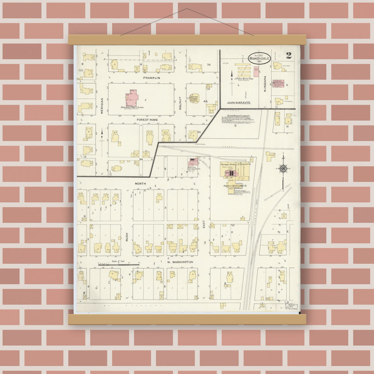 Old map wall art mockup — magnetic wood frame on brick wall — Sanborn Fire Insurance Map from Roachdale, Putnam County, Indiana (1910), Sheet #0002