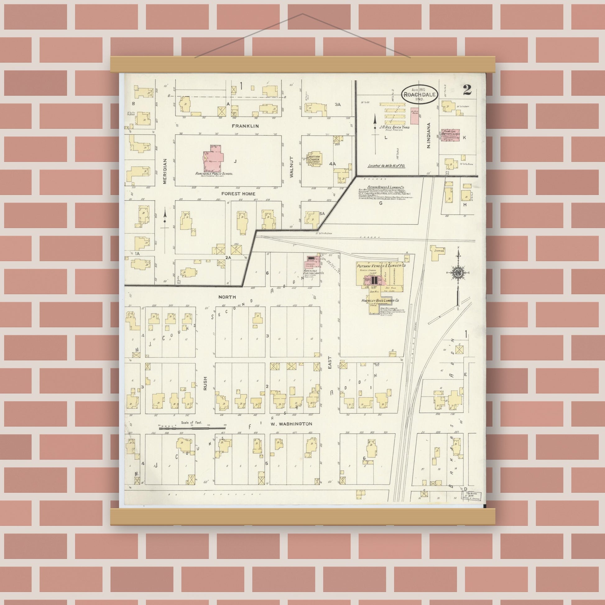 Old map wall art mockup — magnetic wood frame on brick wall — Sanborn Fire Insurance Map from Roachdale, Putnam County, Indiana (1910), Sheet #0002