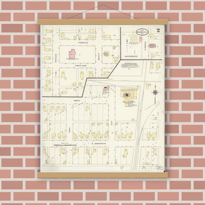 Old map wall art mockup — magnetic wood frame on brick wall — Sanborn Fire Insurance Map from Roachdale, Putnam County, Indiana (1910), Sheet #0002