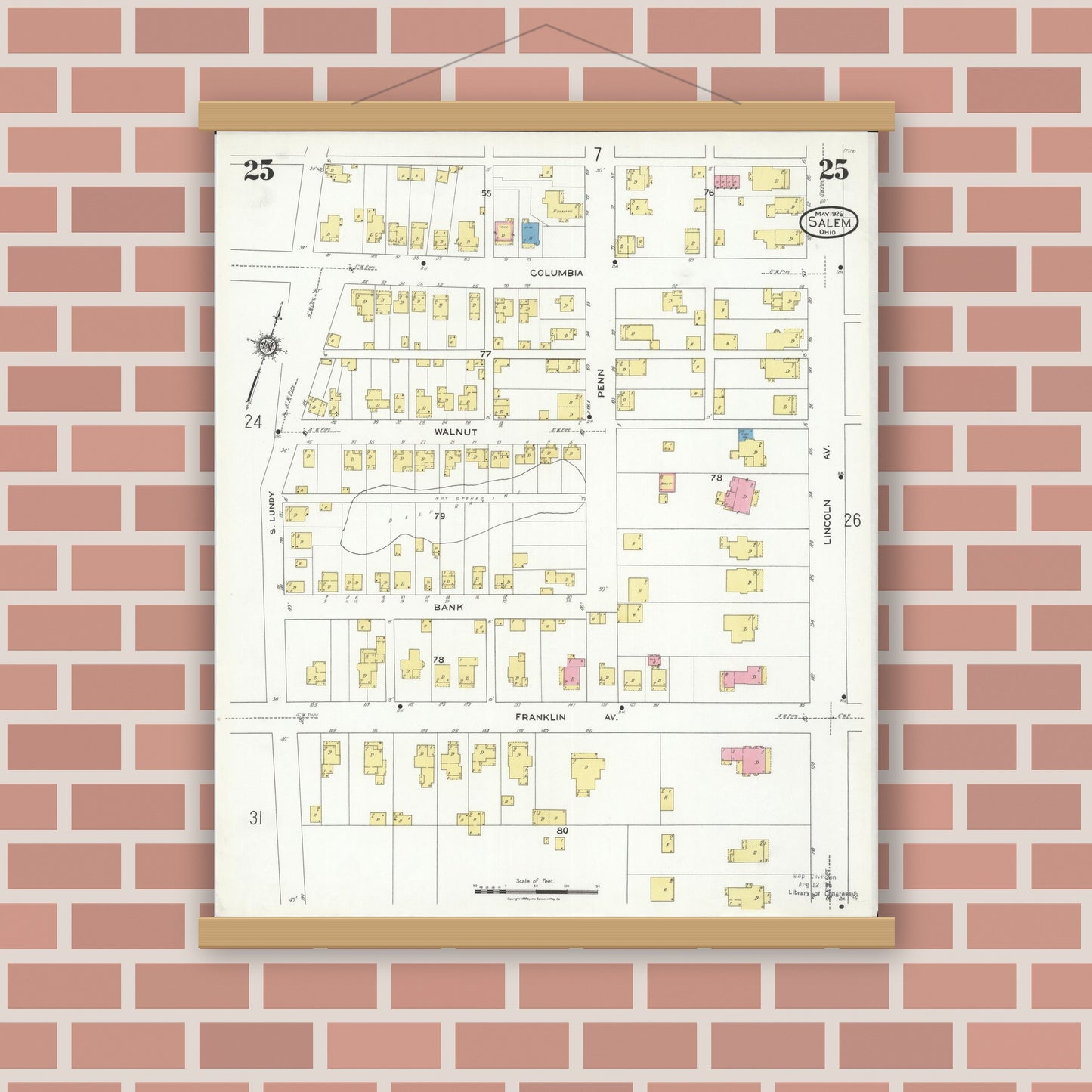 Old map wall art mockup — magnetic wood frame on brick wall — Sanborn Fire Insurance Map from Salem, Columbiana County, Ohio (1926), Sheet #0025