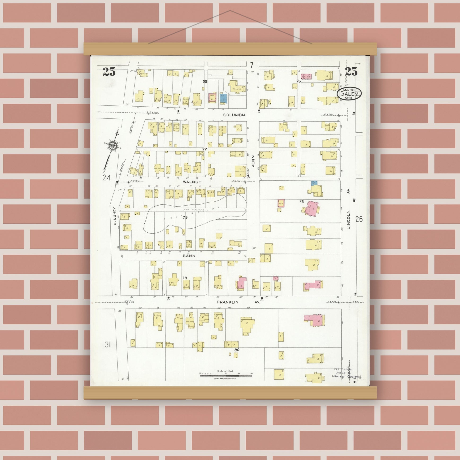 Old map wall art mockup — magnetic wood frame on brick wall — Sanborn Fire Insurance Map from Salem, Columbiana County, Ohio (1926), Sheet #0025