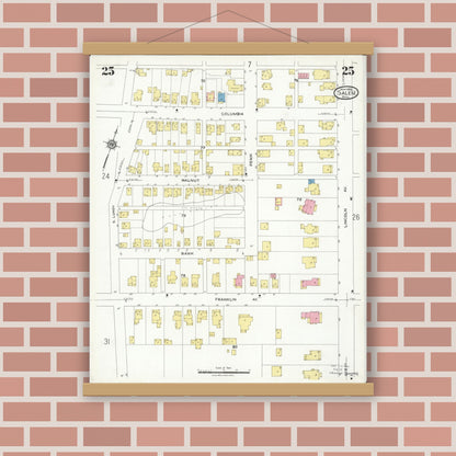 Old map wall art mockup — magnetic wood frame on brick wall — Sanborn Fire Insurance Map from Salem, Columbiana County, Ohio (1926), Sheet #0025