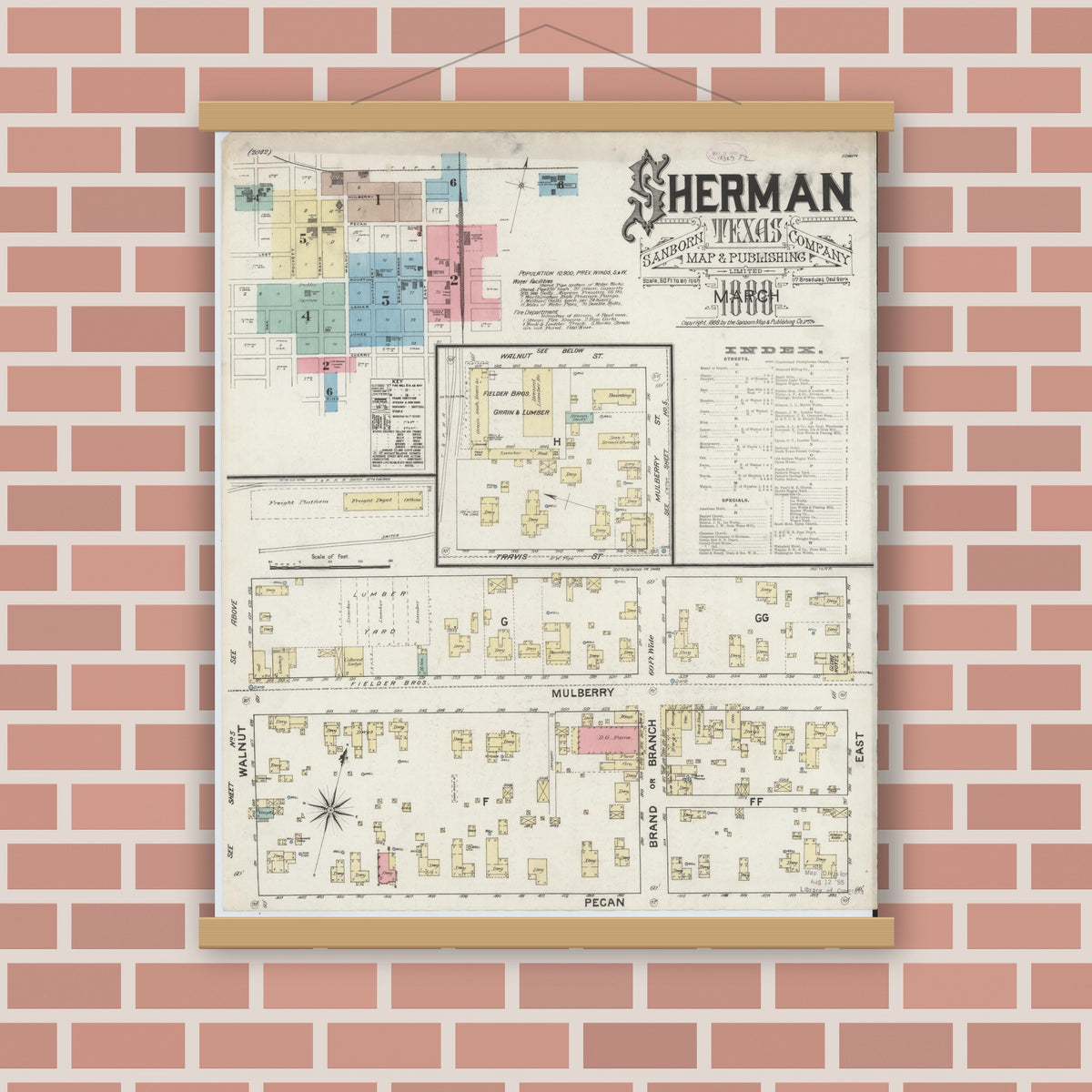Old map wall art mockup — magnetic wood frame on brick wall — Sanborn Fire Insurance Map from Sherman, Grayson County, Texas (1888), Sheet #0001