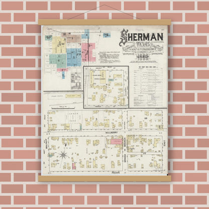 Old map wall art mockup — magnetic wood frame on brick wall — Sanborn Fire Insurance Map from Sherman, Grayson County, Texas (1888), Sheet #0001
