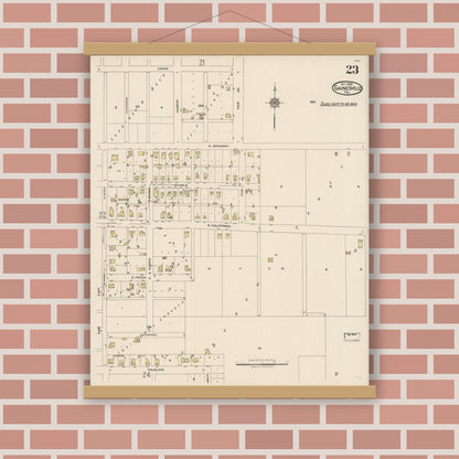 Old map wall art mockup — magnetic wood frame on brick wall — Sanborn Fire Insurance Map from Gainesville, Cooke County, Texas (1922), Sheet #0023