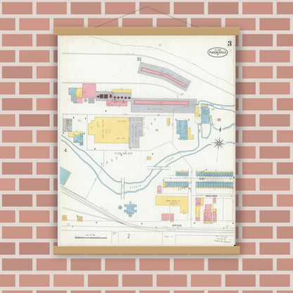 Old map wall art mockup — magnetic wood frame on brick wall — Sanborn Fire Insurance Map from Phoenixville, Chester County, Pennsylvania (1900), Sheet #0003