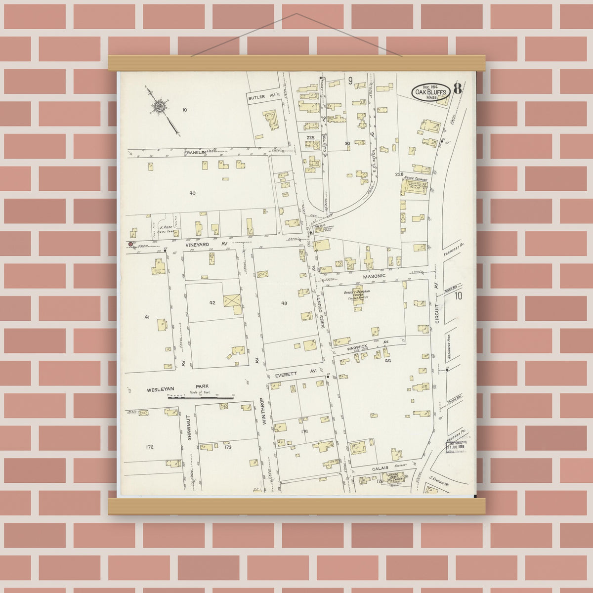 Old map wall art mockup — magnetic wood frame on brick wall — Sanborn Fire Insurance Map from Oak Bluffs, Dukes County, Massachusetts (1914), Sheet #0008