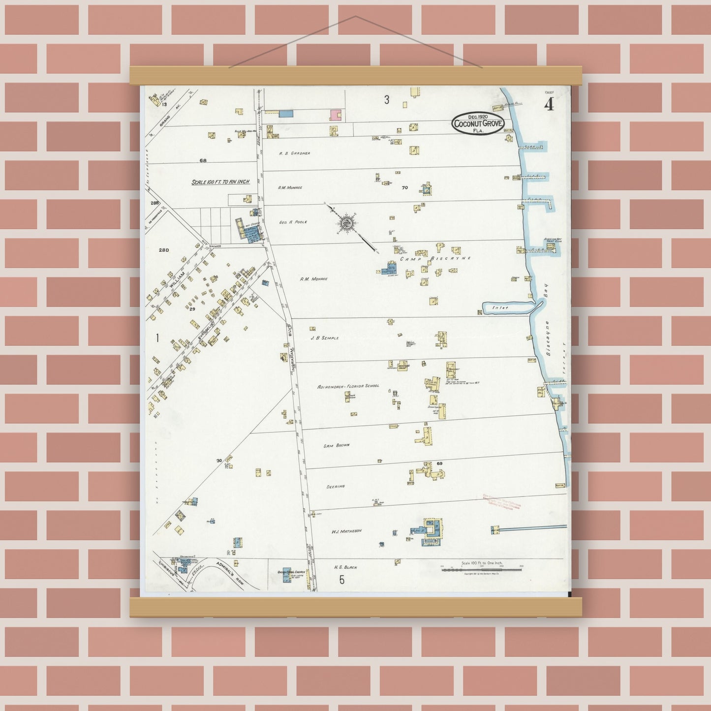 Old map wall art mockup — magnetic wood frame on brick wall — Sanborn Fire Insurance Map from Coconut Grove, Dade County, Florida (1920), Sheet #0004
