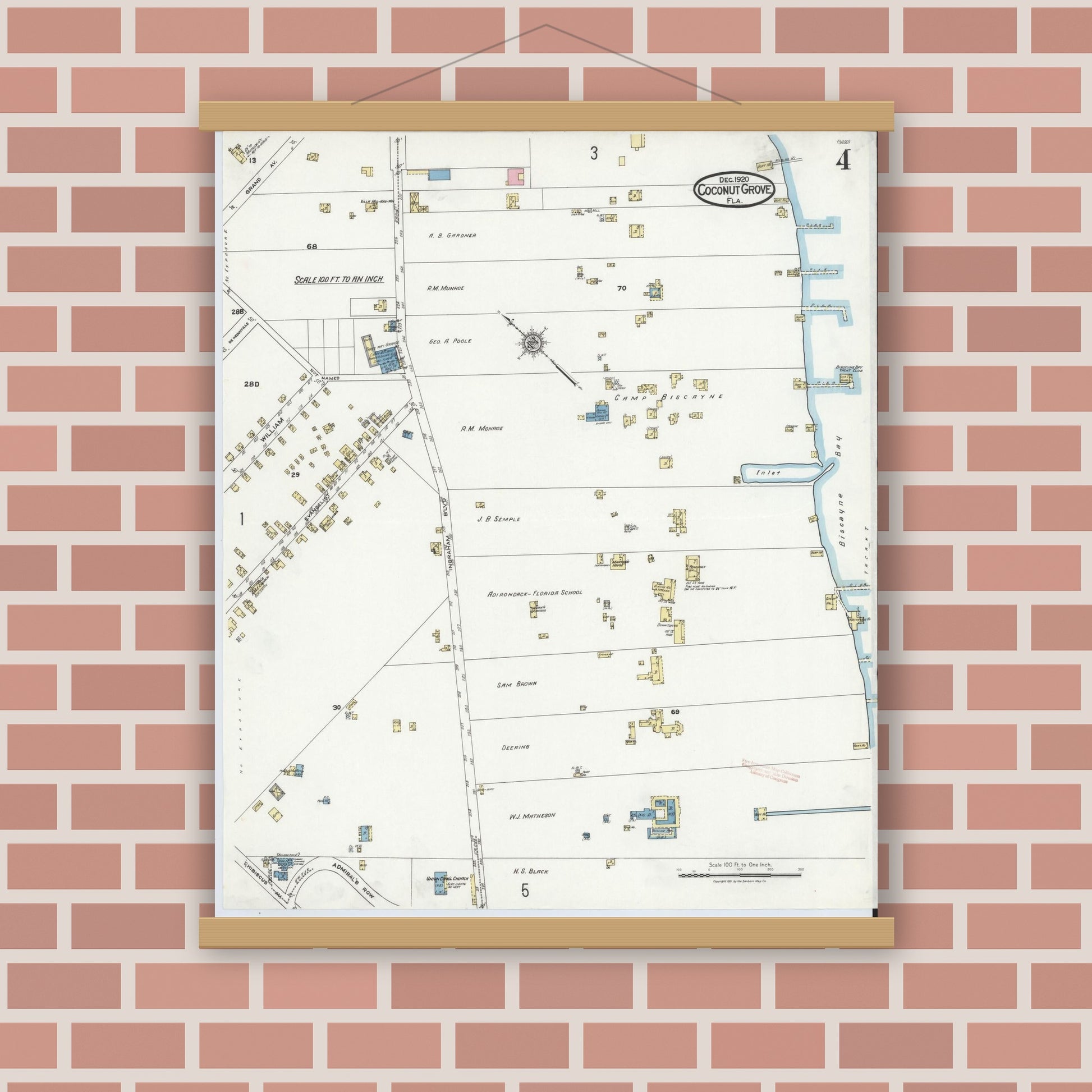 Old map wall art mockup — magnetic wood frame on brick wall — Sanborn Fire Insurance Map from Coconut Grove, Dade County, Florida (1920), Sheet #0004