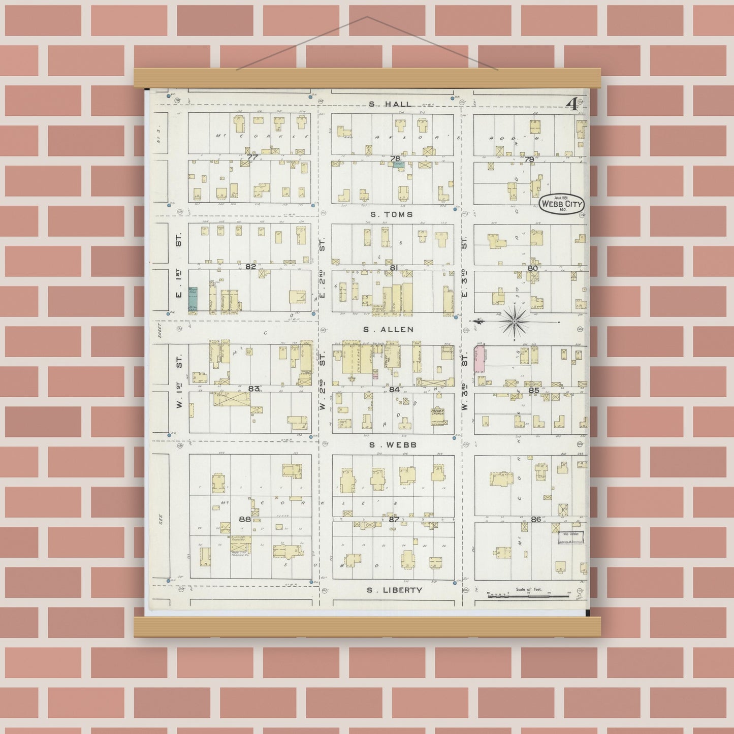 Old map wall art mockup — magnetic wood frame on brick wall — Sanborn Fire Insurance Map from Webb City, Jasper County, Missouri (1891), Sheet #0004