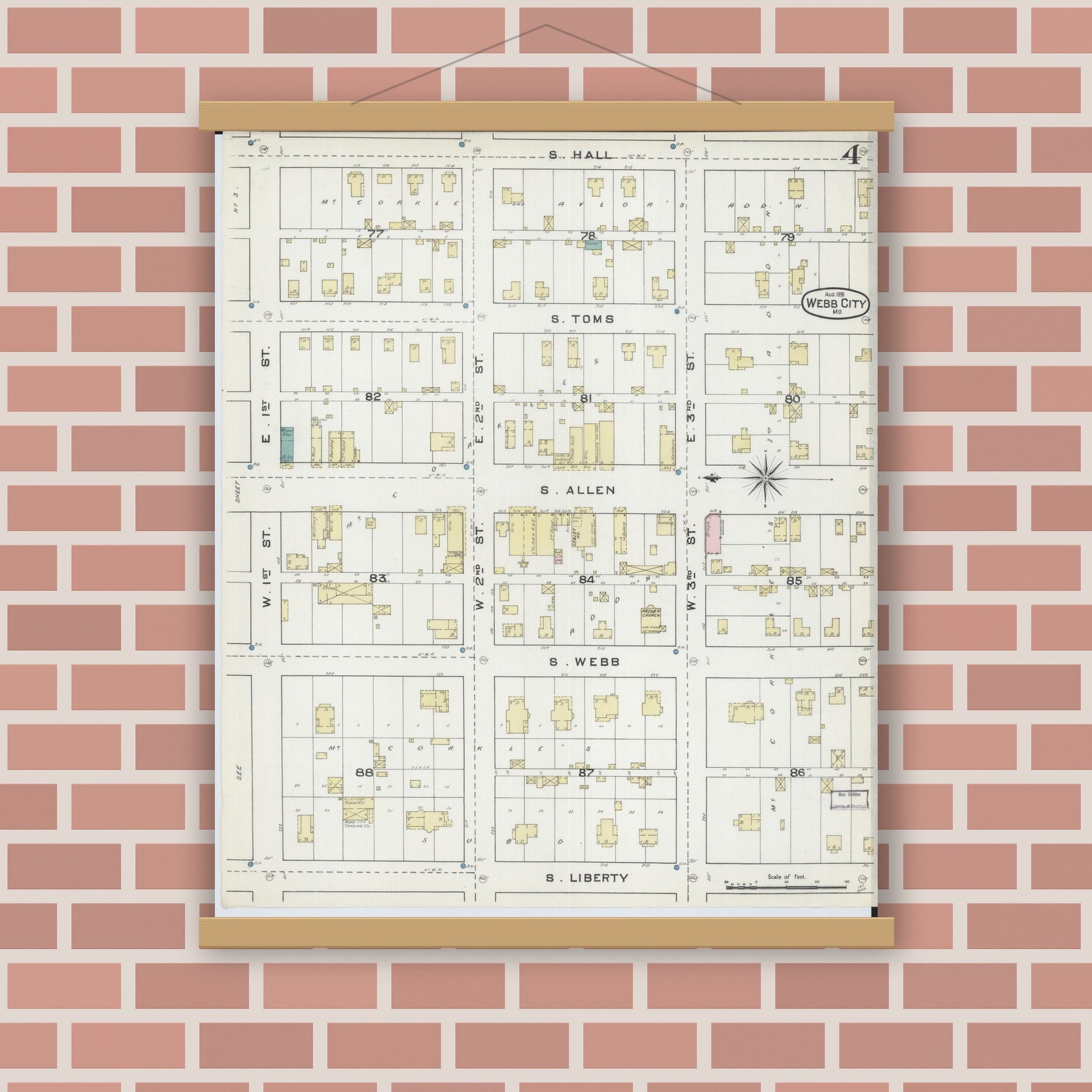 Old map wall art mockup — magnetic wood frame on brick wall — Sanborn Fire Insurance Map from Webb City, Jasper County, Missouri (1891), Sheet #0004