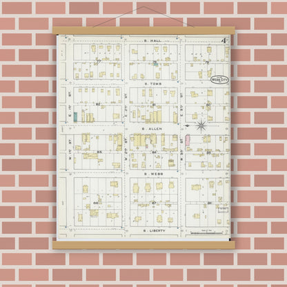Old map wall art mockup — magnetic wood frame on brick wall — Sanborn Fire Insurance Map from Webb City, Jasper County, Missouri (1891), Sheet #0004