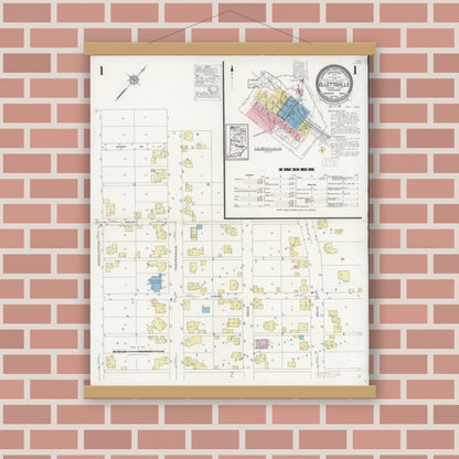 Old map wall art mockup — magnetic wood frame on brick wall — Sanborn Fire Insurance Map from Ellettsville, Monroe County, Indiana (1929) - Complete Map Set