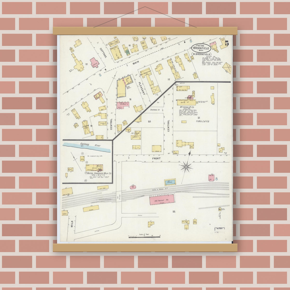 Old map wall art mockup — magnetic wood frame on brick wall — Sanborn Fire Insurance Map from Brookfield, Worcester County, Massachusetts (1898), Sheet #0005