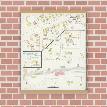 Old map wall art mockup — magnetic wood frame on brick wall — Sanborn Fire Insurance Map from Brookfield, Worcester County, Massachusetts (1898), Sheet #0005