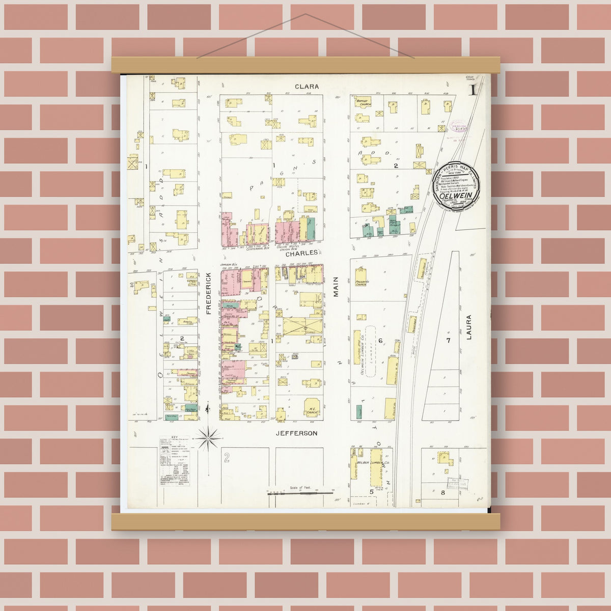 Old map wall art mockup — magnetic wood frame on brick wall — Sanborn Fire Insurance Map from Oelwein, Fayette County, Iowa (1894), Sheet #0001
