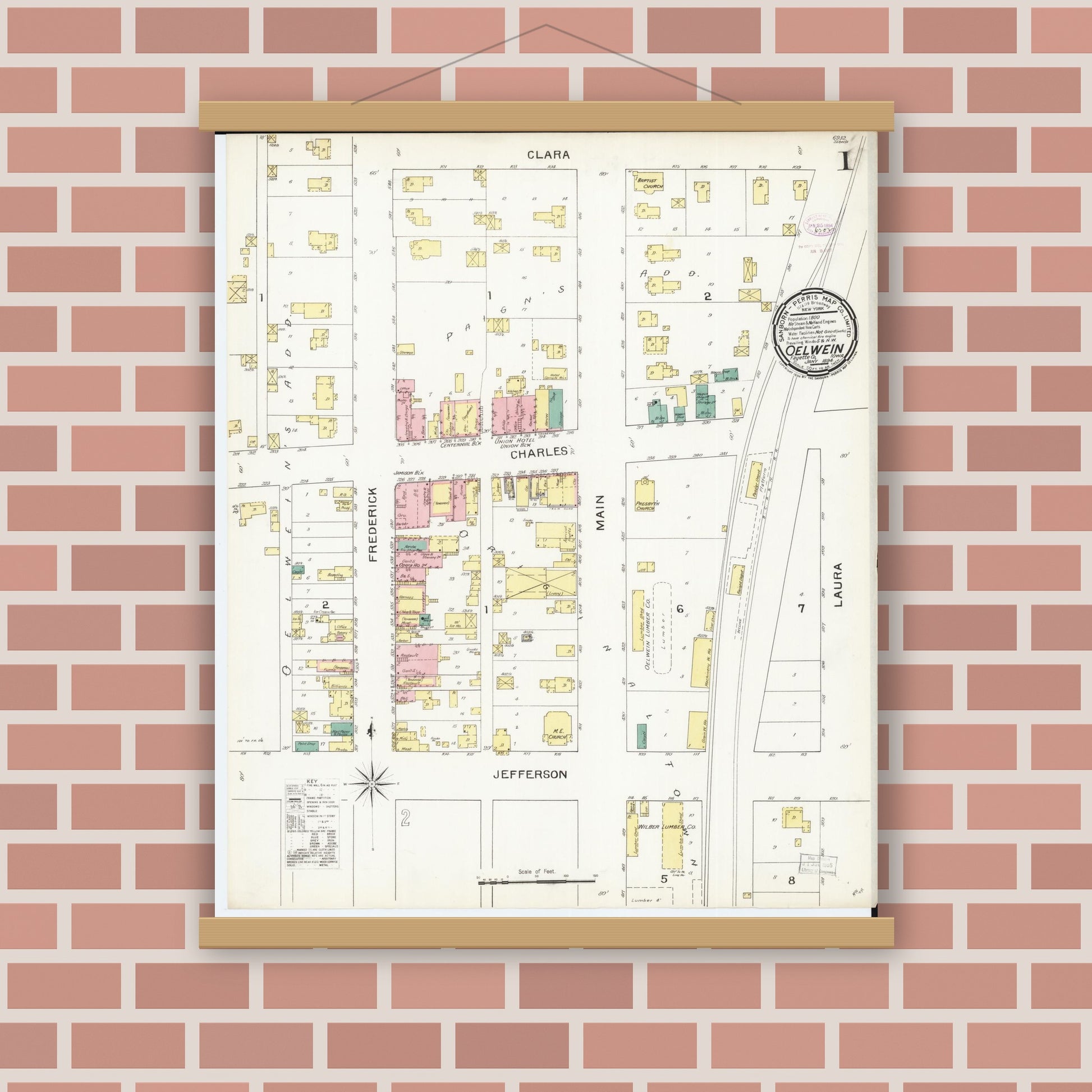 Old map wall art mockup — magnetic wood frame on brick wall — Sanborn Fire Insurance Map from Oelwein, Fayette County, Iowa (1894), Sheet #0001
