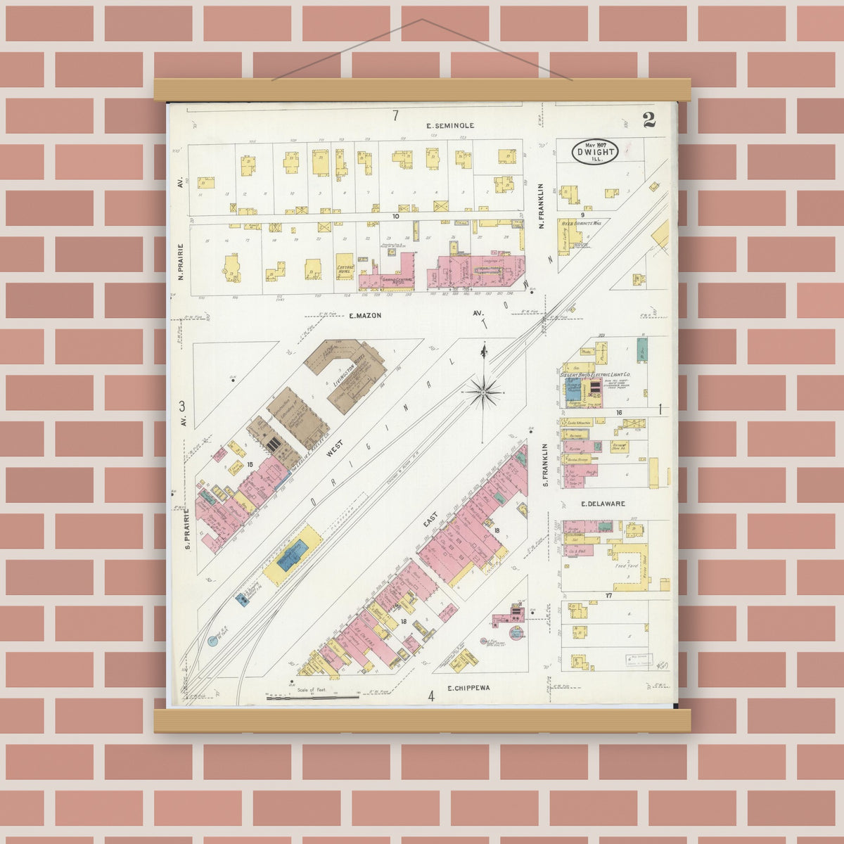 Old map wall art mockup — magnetic wood frame on brick wall — Sanborn Fire Insurance Map from Dwight, Livingston County, Illinois (1907), Sheet #0002