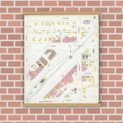 Old map wall art mockup — magnetic wood frame on brick wall — Sanborn Fire Insurance Map from Dwight, Livingston County, Illinois (1907), Sheet #0002
