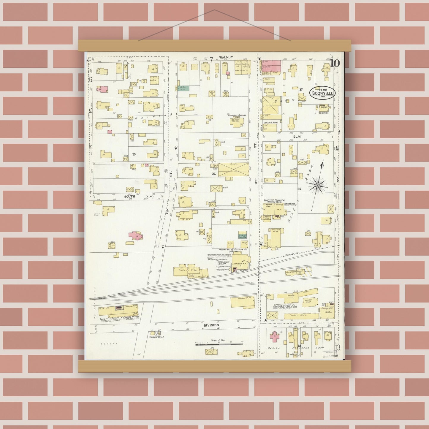 Old map wall art mockup — magnetic wood frame on brick wall — Sanborn Fire Insurance Map from Boonville, Warrick County, Indiana (1907), Sheet #0010