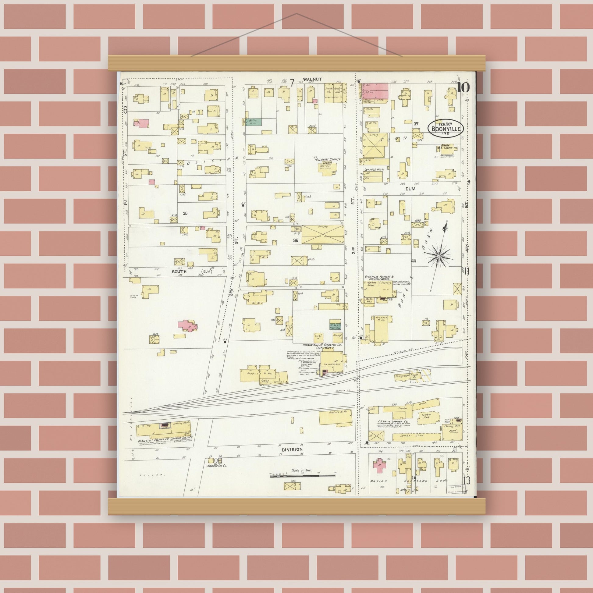 Old map wall art mockup — magnetic wood frame on brick wall — Sanborn Fire Insurance Map from Boonville, Warrick County, Indiana (1907), Sheet #0010