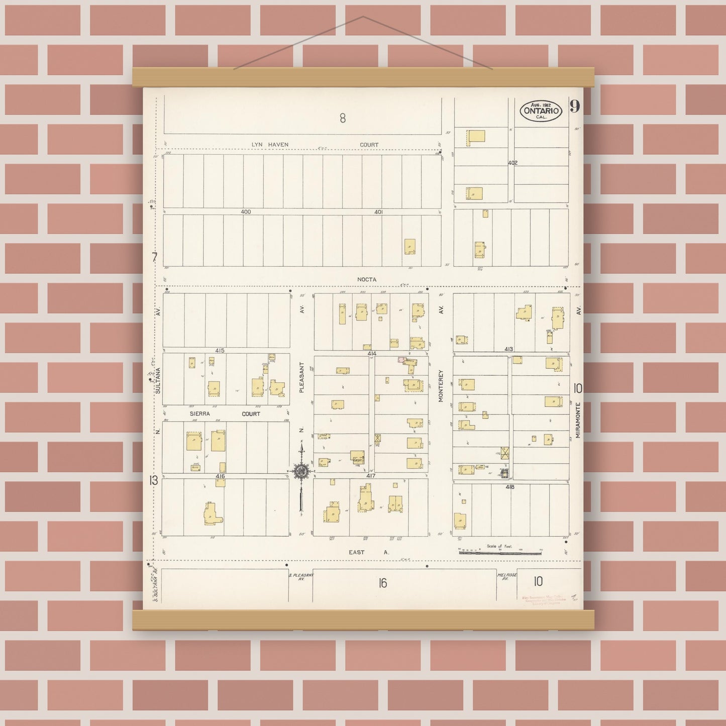 Old map wall art mockup — magnetic wood frame on brick wall — Sanborn Fire Insurance Map from Ontario, San Bernardino County, California (1912), Sheet #0009