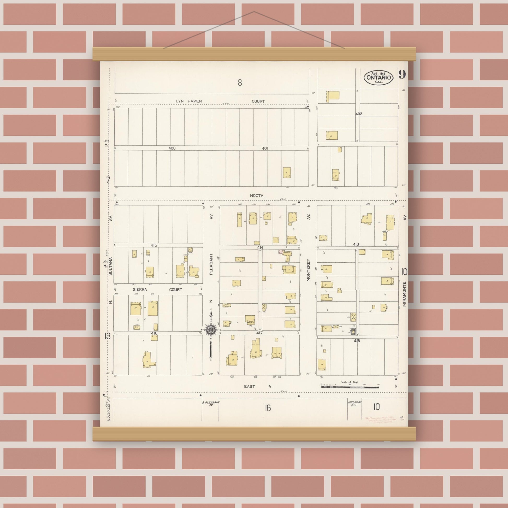 Old map wall art mockup — magnetic wood frame on brick wall — Sanborn Fire Insurance Map from Ontario, San Bernardino County, California (1912), Sheet #0009