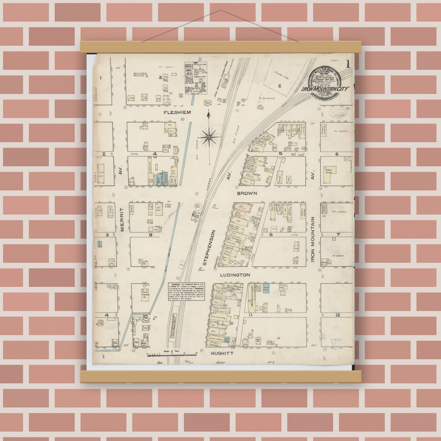 Old map wall art mockup — magnetic wood frame on brick wall — Sanborn Fire Insurance Map from Iron Mountain, Dickinson County, Michigan (1884) - Complete Map Set