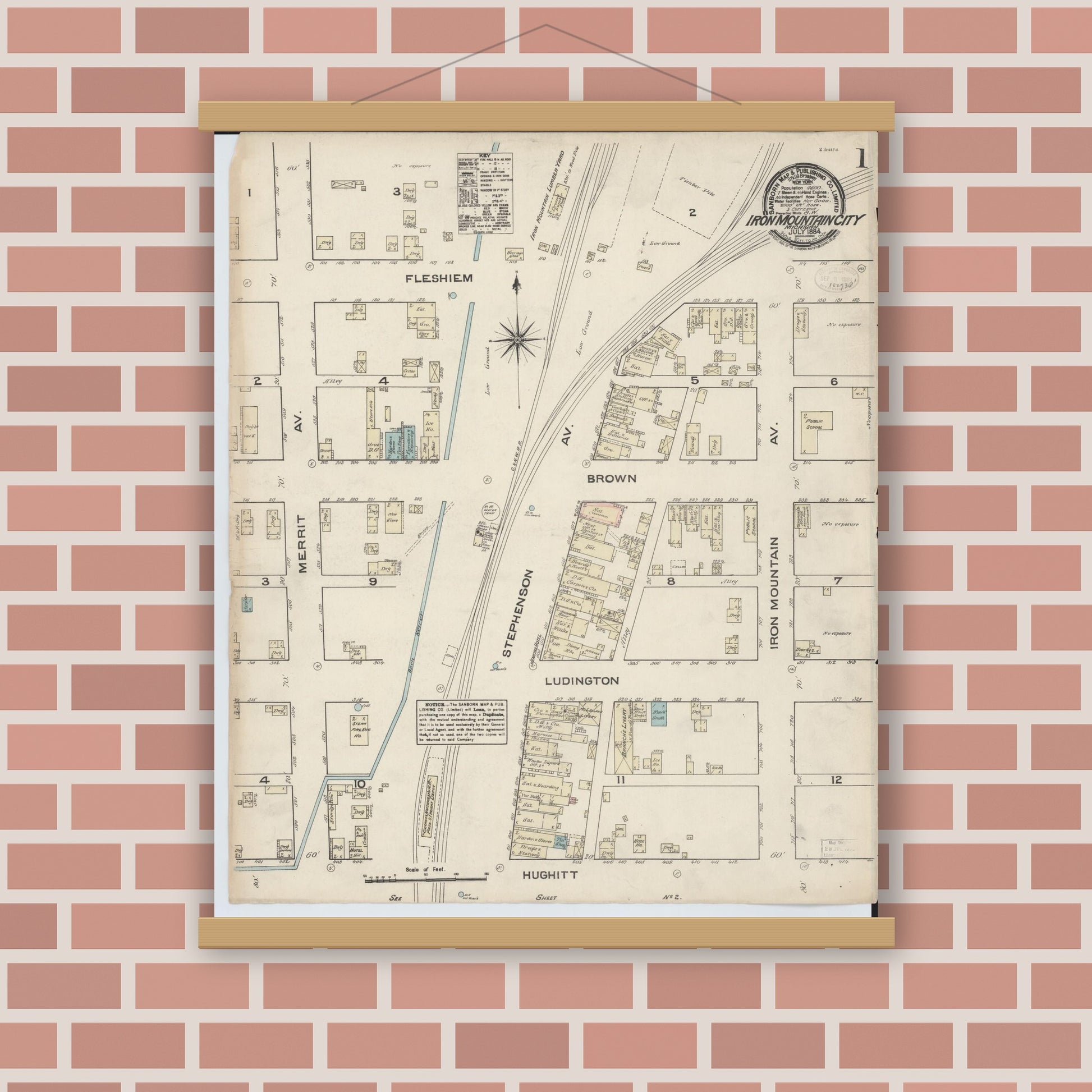 Old map wall art mockup — magnetic wood frame on brick wall — Sanborn Fire Insurance Map from Iron Mountain, Dickinson County, Michigan (1884) - Complete Map Set