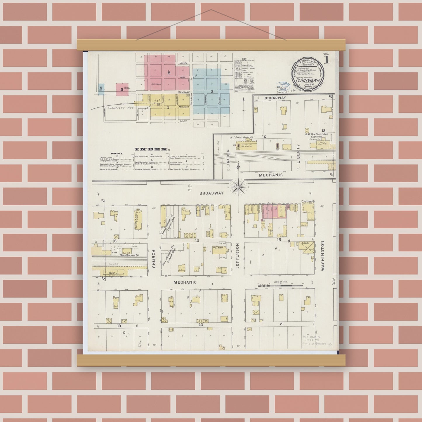Old map wall art mockup — magnetic wood frame on brick wall — Sanborn Fire Insurance Map from Plainview, Wabasha County, Minnesota (1894) - Complete Map Set