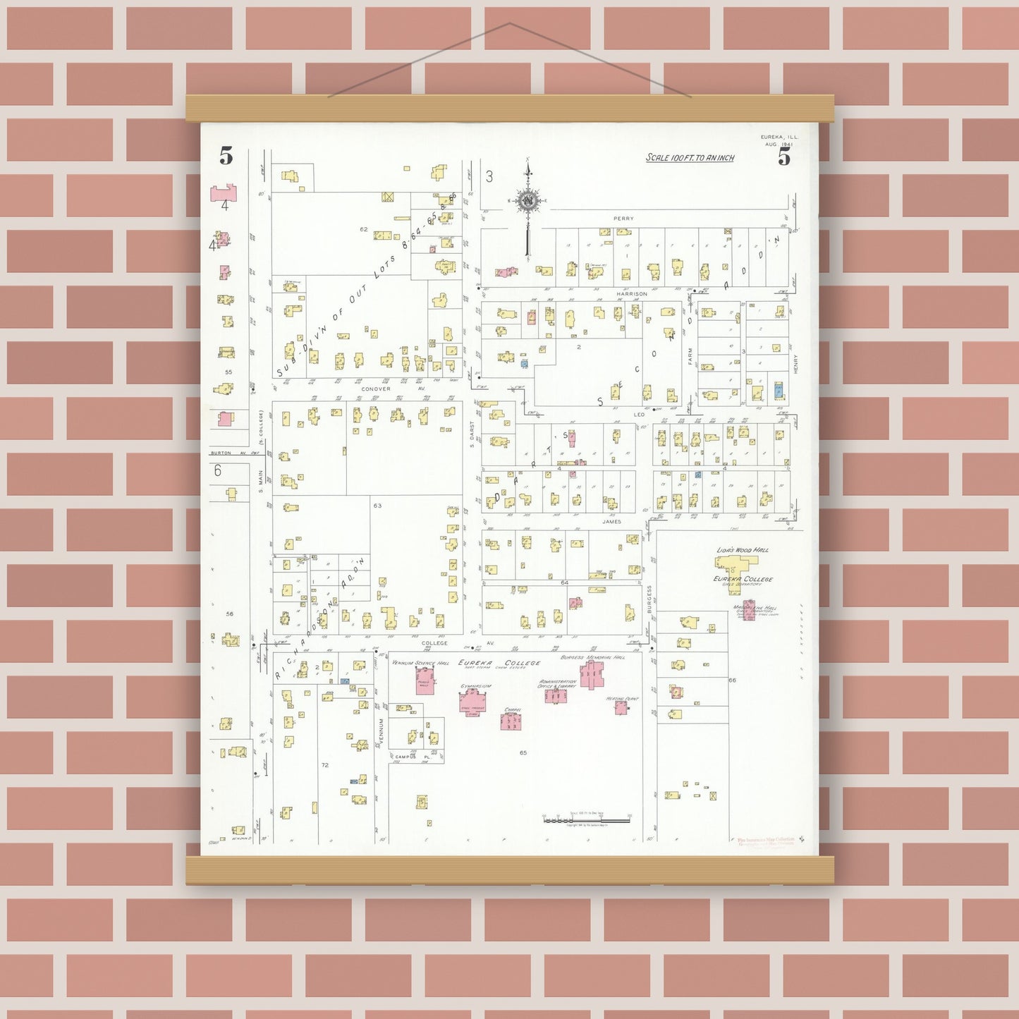 Old map wall art mockup — magnetic wood frame on brick wall — Sanborn Fire Insurance Map from Eureka, Woodford County, Illinois (1941), Sheet #0005