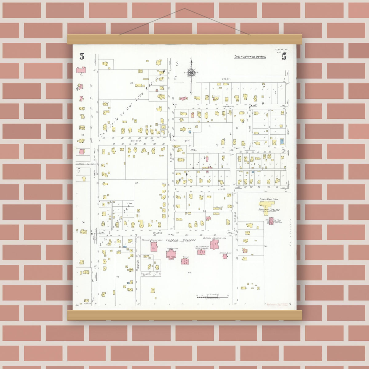 Old map wall art mockup — magnetic wood frame on brick wall — Sanborn Fire Insurance Map from Eureka, Woodford County, Illinois (1941), Sheet #0005