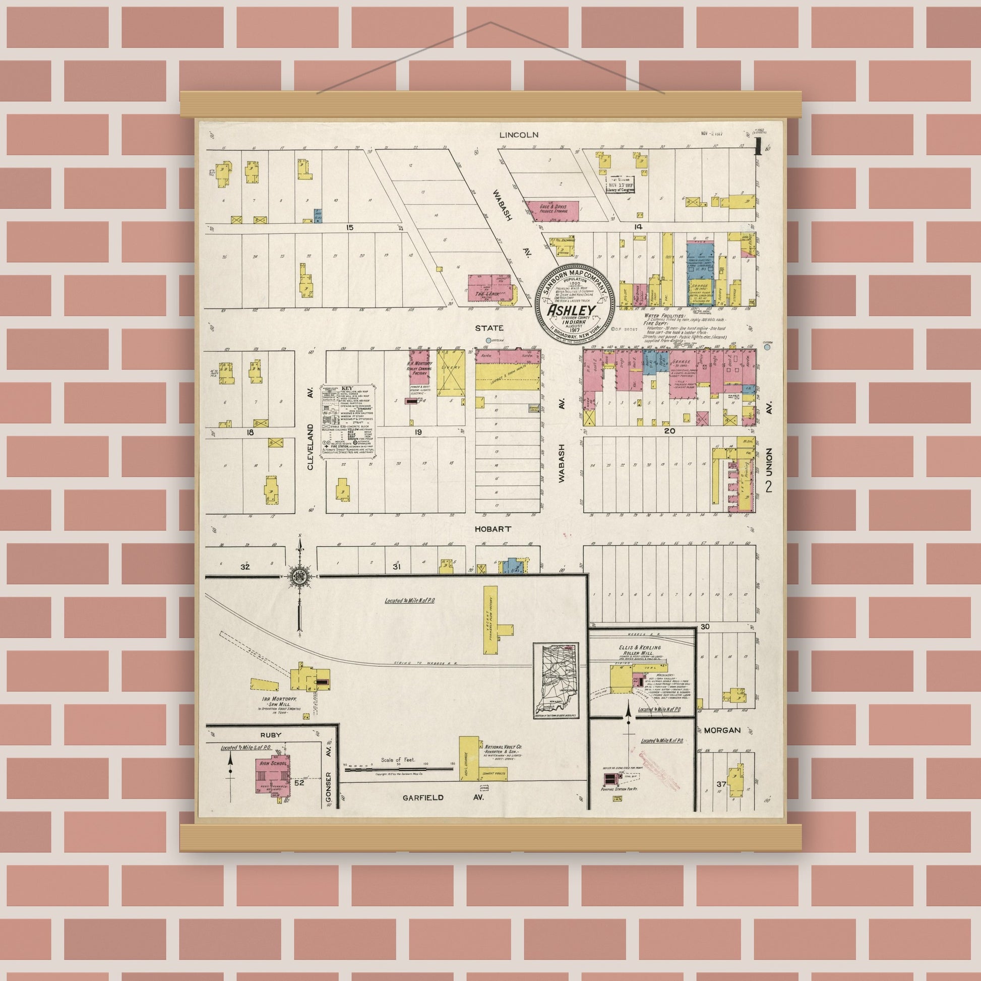 Old map wall art mockup — magnetic wood frame on brick wall — Sanborn Fire Insurance Map from Ashley, Steuben County, Indiana (1917), Sheet #0001