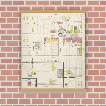 Old map wall art mockup — magnetic wood frame on brick wall — Sanborn Fire Insurance Map from Ashley, Steuben County, Indiana (1917), Sheet #0001