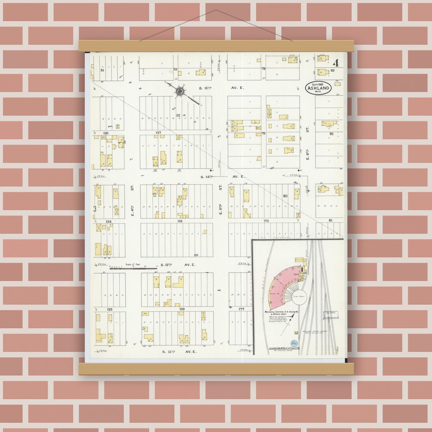 Old map wall art mockup — magnetic wood frame on brick wall — Sanborn Fire Insurance Map from Ashland, Ashland County, Wisconsin (1909), Sheet #0004