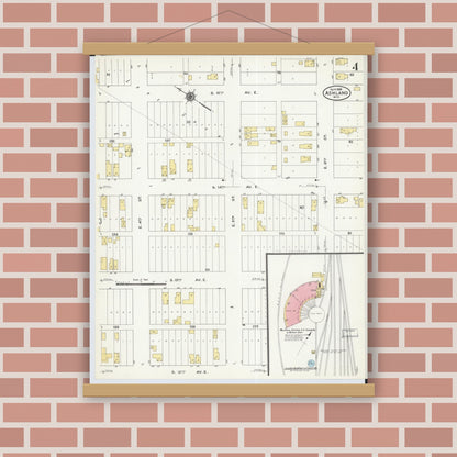 Old map wall art mockup — magnetic wood frame on brick wall — Sanborn Fire Insurance Map from Ashland, Ashland County, Wisconsin (1909), Sheet #0004