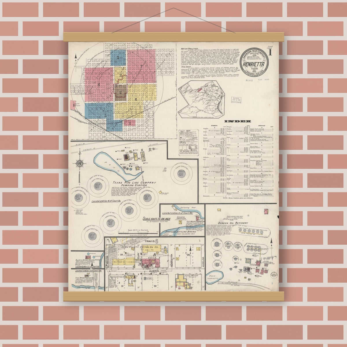 Old map wall art mockup — magnetic wood frame on brick wall — Sanborn Fire Insurance Map from Henrietta, Clay County, Texas (1922), Sheet #0001