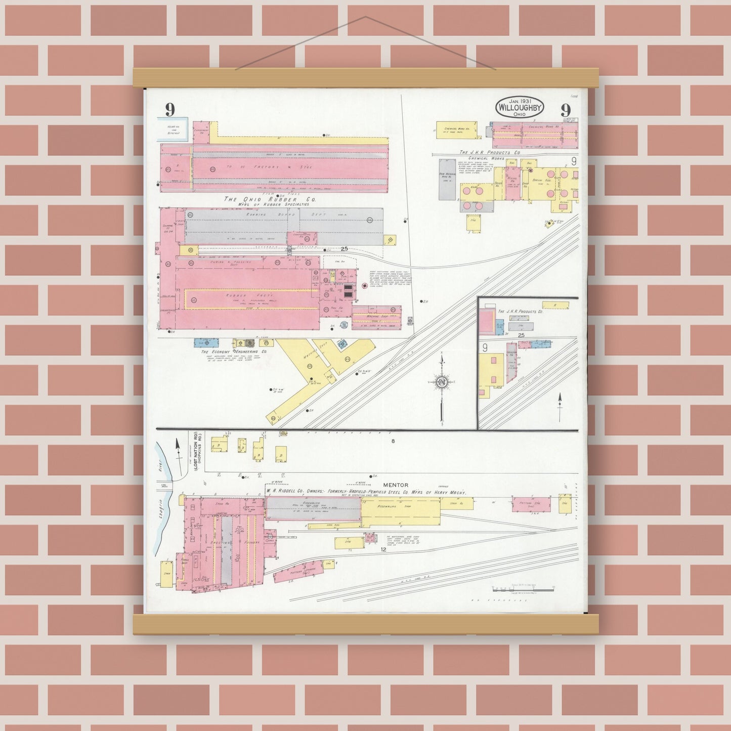 Old map wall art mockup — magnetic wood frame on brick wall — Sanborn Fire Insurance Map from Willoughby, Lake County, Ohio (1931), Sheet #0009