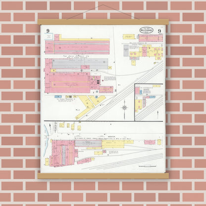 Old map wall art mockup — magnetic wood frame on brick wall — Sanborn Fire Insurance Map from Willoughby, Lake County, Ohio (1931), Sheet #0009