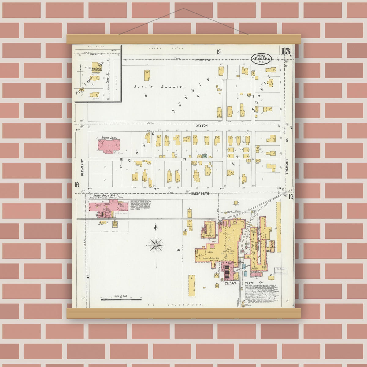 Old map wall art mockup — magnetic wood frame on brick wall — Sanborn Fire Insurance Map from Kenosha, Kenosha County, Wisconsin (1900), Sheet #0015