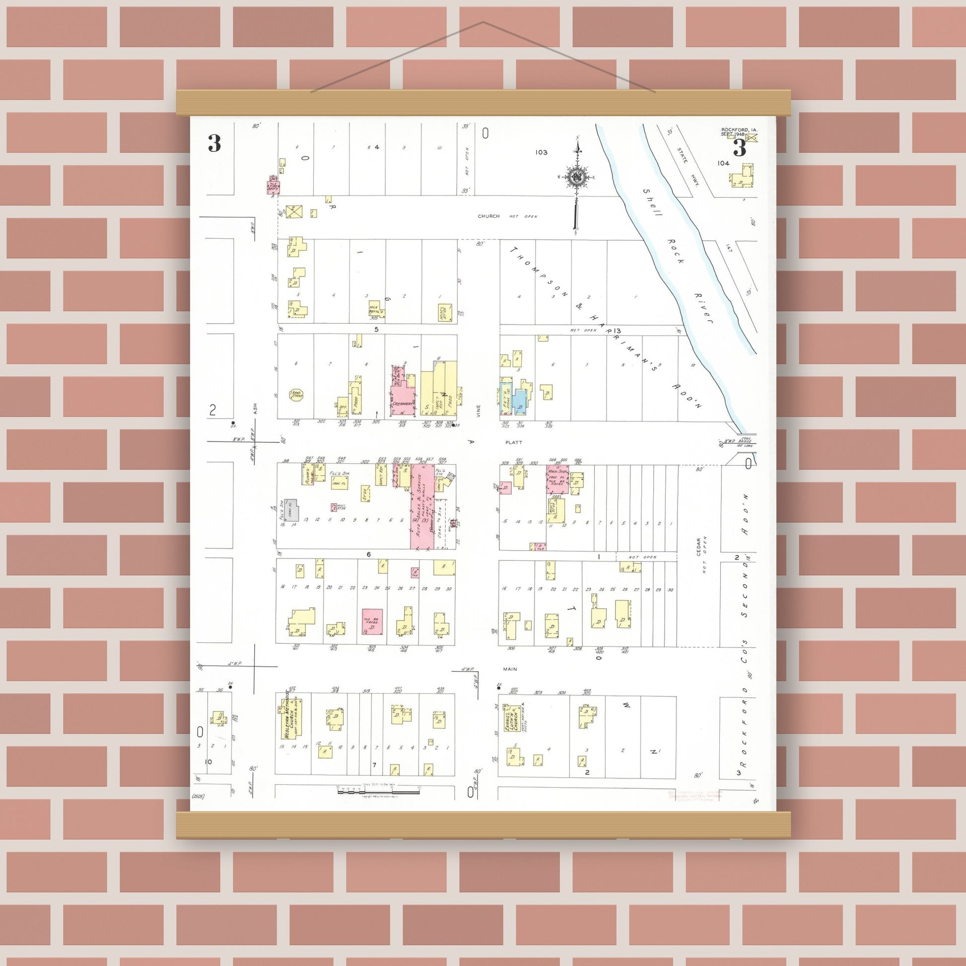 Old map wall art mockup — magnetic wood frame on brick wall — Sanborn Fire Insurance Map from Rockford, Floyd County, Iowa (1948), Sheet #0003