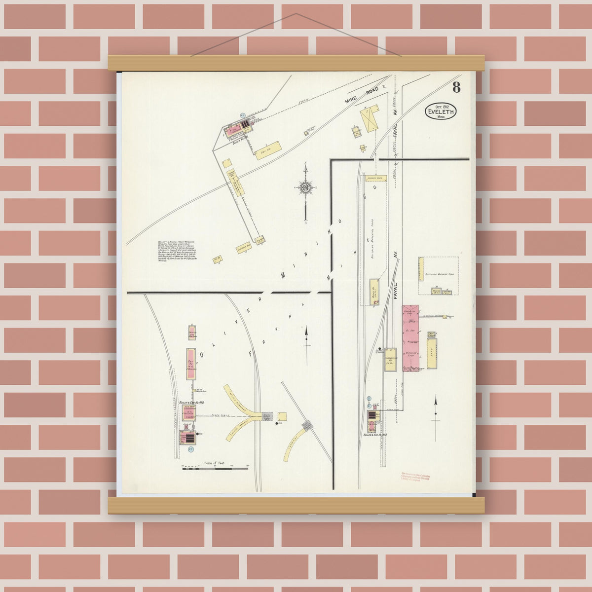 Old map wall art mockup — magnetic wood frame on brick wall — Sanborn Fire Insurance Map from Eveleth, Saint Louis County, Minnesota (1912), Sheet #0008