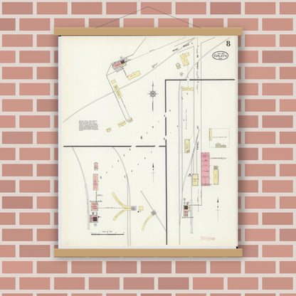 Old map wall art mockup — magnetic wood frame on brick wall — Sanborn Fire Insurance Map from Eveleth, Saint Louis County, Minnesota (1912), Sheet #0008