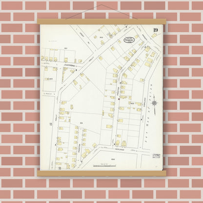 Old map wall art mockup — magnetic wood frame on brick wall — Sanborn Fire Insurance Map from Peabody, Essex County, Massachusetts (1914), Sheet #0019