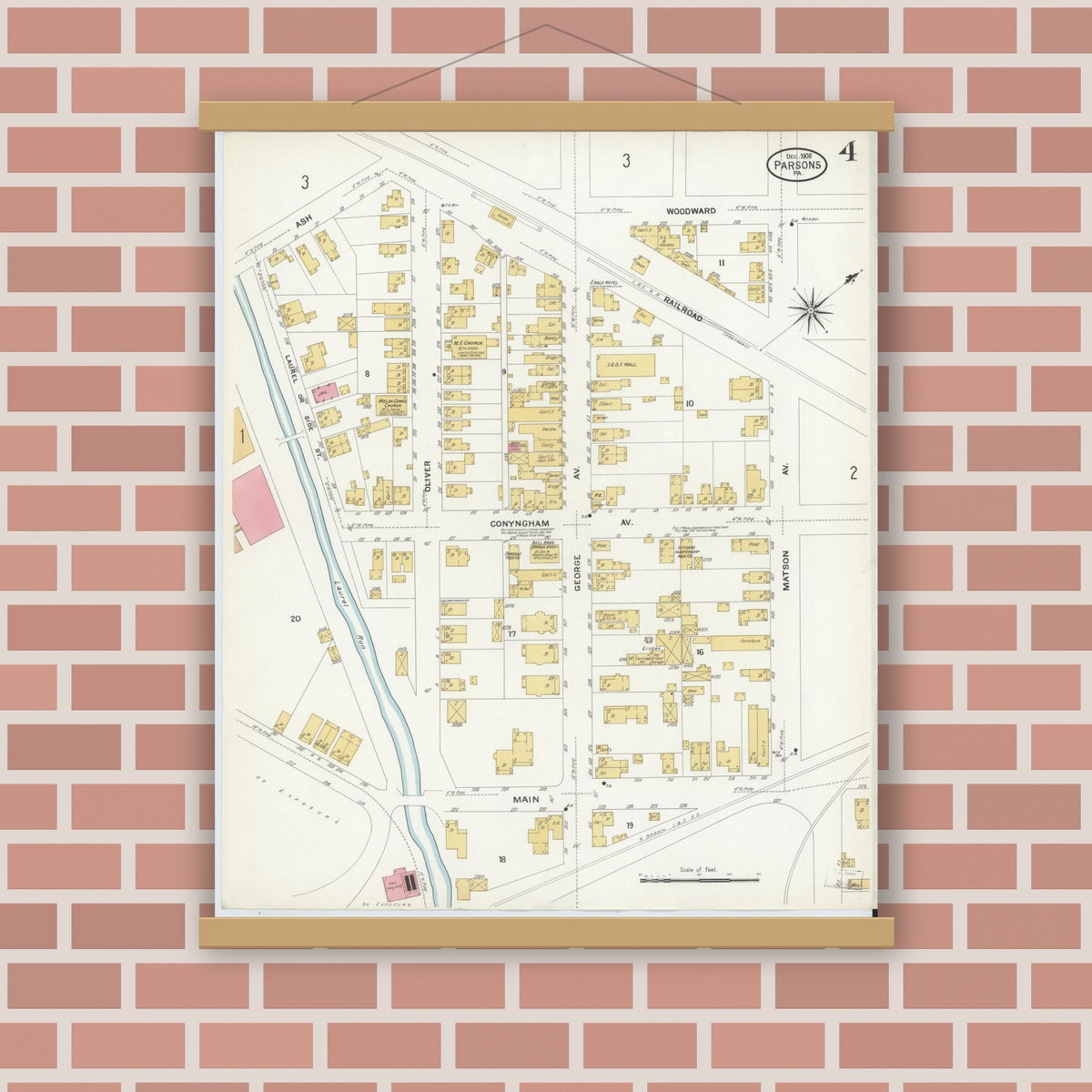 Old map wall art mockup — magnetic wood frame on brick wall — Sanborn Fire Insurance Map from Parsons, Luzerne County, Pennsylvania (1908), Sheet #0004