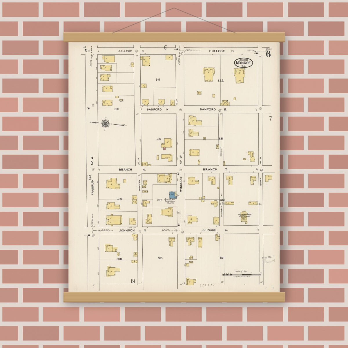 Old map wall art mockup — magnetic wood frame on brick wall — Sanborn Fire Insurance Map from Monroe, Union County, North Carolina (1922), Sheet #0006