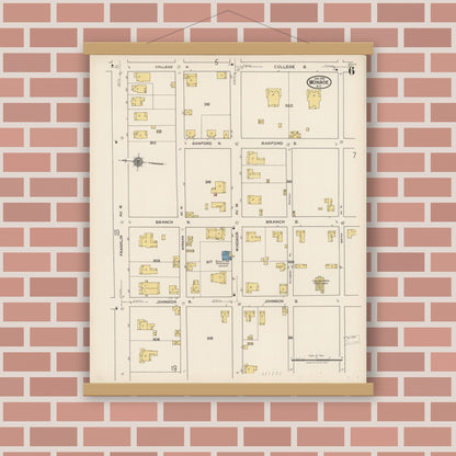 Old map wall art mockup — magnetic wood frame on brick wall — Sanborn Fire Insurance Map from Monroe, Union County, North Carolina (1922), Sheet #0006