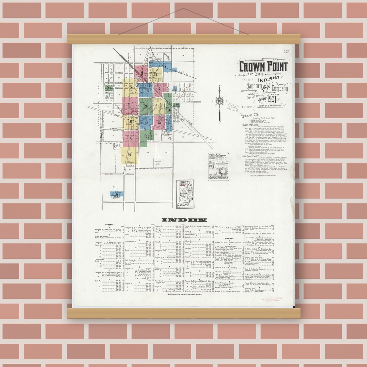 Old map wall art mockup — magnetic wood frame on brick wall — Sanborn Fire Insurance Map from Crown Point, Lake County, Indiana (1921), Sheet #0001